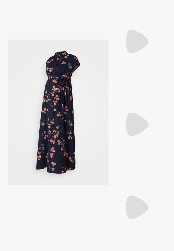 Blumenkleid für die Schwangerschaft aus navy-blauem Stoff, mit kurzen Ärmeln, hohem Ausschnitt und tailliertem Bund. Verziert mit rosa und dunkelgrünen Blumen.; Schwarze Leder-Ballerinas mit spitzer Zehenpartie, Riemchen mit silberner Schnalle, kombiniert mit schwarzen taillierten Hosen mit Schlitzsaum.; Schwarze Leder-Shopper-Tasche mit zwei langen Griffen, einer glatten Textur und einer strukturierten Form. Verfügt über eine Vordertasche für zusätzlichen Stauraum.; Silberne Creolen mit einer glatten, glänzenden Oberfläche. Abgerundete Form, leichtes Design, mit einer Steckverschluss. 