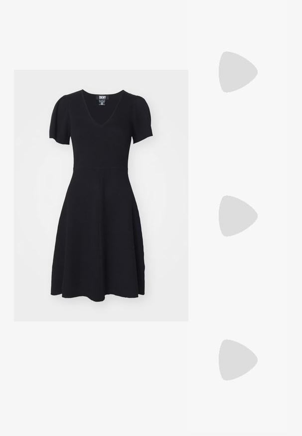 DKNY FIT AND FLARE FLUTTER - Sarafanas - black; Juodas smailus slingback batelis su žemu kulnu, pagamintas iš lygaus odos paviršiaus ir su išpjovomis šone, užtikrinančiomis oro pralaidumą.; Juoda rankinė su dviem trumpais rankenėlėmis ir nuimamu petį. Lygaus odos tipo medžiaga su užtrauktuku ir logotipo detale.; Sidabriniai apvalūs auskarai su lygiu, išlenktu dizainu. Yra blizgus metalinis paviršius ir smeigtukų uždarymas. Nėra matomų raštų ar akcentų.