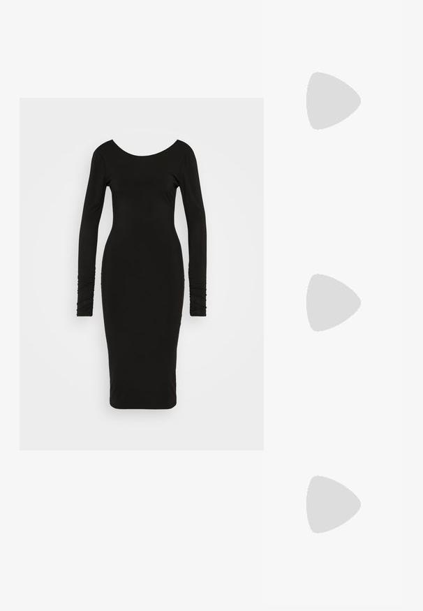 Robe noire à manches longues avec un décolleté arrondi, silhouette ajustée et détails froncés sur les poignets, réalisée en un tissu stretch lisse.; Escarpins en cuir verni noir avec bout pointu et talon bloc géométrique. Présente un design élégant et minimaliste ainsi qu'une texture lisse.; Sac à main en métal doré avec un design structuré, texture lisse et bandoulière ajustable. Présente une forme triangulaire unique et des coutures minimalistes.; Boucles d'oreilles dorées présentant des formes texturées et ondulées. Comprend des clips sculpturaux et un design de créoles ouvertes avec une finition martelée.