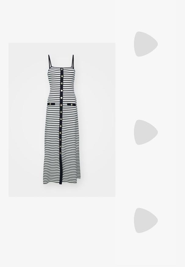 Gestreiftes Midi-Kleid in Schwarz und Weiß mit schmalen Trägern, goldenen Knöpfen entlang der Vorderseite und zwei vorne liegenden Taschen, die in Schwarz eingefasst sind.; Schwarze Lackleder-Ballerina mit eckiger Zehenpartie, Knöchelriemen mit silberner Hardware und flacher Sohle. Glatte Textur mit minimalistischen Design.; Maje MISS MINI - Umhängetasche - noir; Goldtonige Ohrringe mit mehreren kaskadierenden Ketten, verziert mit klaren ovalen Strasssteinen und dekorativen Ohrsteckern.