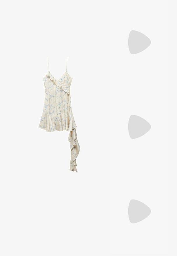 Mango Day dress - off-white; White high-heeled shoe in smooth material with pointed toe and ankle strap. Features a light tan interior and gold-tone hardware accent.; Clear plastic square-frame glasses with translucent lenses, featuring gold accents on the temples for added detail.; White leather handbag with a structured design, featuring a magnetic clasp and a shoulder strap, showcased against a neutral background.