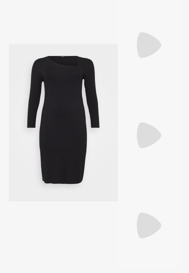 Musta ribattava pitkähiha dressi, jossa on ainutlaatuinen epäsymmetrinen kuppikaula-aukko ja muotoon leikattu siluetti. Materiaali on sileä ja pituus on polven alapuolella.; Mustat hihnalligat, joissa on neliön muotoinen kärki ja matala lohkokorko. Ominaisuuksiin kuuluu useita ohuita hihnoja ja säädettävä nilkkahihna. Valmistettu sileästä nahasta.; Musta nahkainen olkalaukku, jossa on sileä pinta, suorakulmainen muoto ja metalliketju yksityiskohtana edessä. Mukana säädettävä hihna.; Hopeakoru drop -korvakorut, joissa on neliömuotoinen nappi, sileällä, kiillotetulla pinnalla ja pisaran muotoisella designilla, heijastavat valoa kiiltävän pinnan kautta.