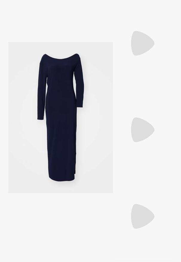 Norma Kamali LONG SLEEVE DROP SHOULDER SIDE SLIT GOWN - Jersey dress - true navy; Black patent slingback heel with a pointed toe, featuring textured snake print, adjustable strap, and a short, textured block heel.; Black leather crossbody bag with two front pockets, gold buckles, zipper closure, and a slim strap. Textured surface and compact rectangular shape.; Gold-tone metal hoop earrings with a curved, elongated shape. Features a smooth, shiny surface and a rounded tip for added detail.