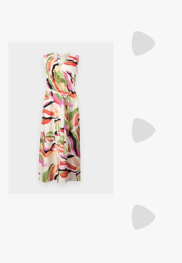 Abito senza maniche multicolore con scollo a V, chiusura frontale con bottoni e vita con cintura; motivi astratti in verde, rosa e nero su uno sfondo crema.; Slingback bianco con punta affusolata, materiale superiore liscio, tacco basso a blocco e design con ritagli laterali, dotato di cinturino regolabile con fibbia.; Occhiali da sole rotondi con lenti scure e montatura dorata. Il modello indossa un cardigan leggero azzurro a costine con bottoni e maniche bianche a contrasto.; Wristlet Michael Kors in tela rivestita beige con motivo a logo MK ripetuto, hardware dorato e tracolla a catena staccabile.