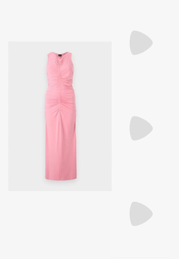 Pink sleeveless dress with gathered texture and ruching at the front, long length, made from soft, smooth fabric.; Black high-heeled sandals feature thin straps with a knotted design, a smooth square toe, and a sleek stiletto heel.; Light gray metallic handbag featuring a chain strap, embellished with small circular metallic studs and a triangular brand logo.; Silver hoop earrings with a smooth, shiny finish. Rounded shape, lightweight design, featuring a post-back closure.