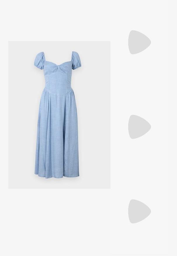 Mėlyna gingham suknelė su pūstomis rankovėmis, širdies formos iškirpte, prigludusia liemene ir platėjančia sijona. Pagaminta iš lengvo medvilninio audinio.; Balta medvilnė marškinėliai su dideliu, ryškiu raudonu omaru grafiku priekyje. Trumpomis rankovėmis ir standartiniu apvaliu kaklu.; Balti aukštakulniai drobės sportbačiai su juodu guminio pado, priekinio guminio piršto dangteliu ir šešiais akytėmis raištams, pasižymintys švariu, minimalistiniu dizainu.; Raudona odinė rankinė su kampuota, geometrine forma. Pasižymi viena reguliuojama dirželiu ir dangteliu su siuvinėtais dekoracijomis.