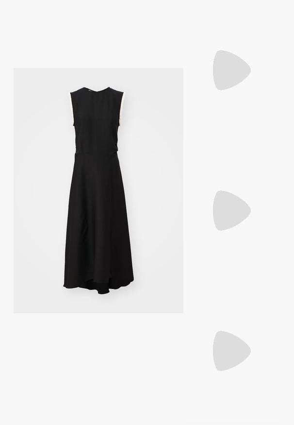 Black sleeveless dress with a fitted bodice and flared skirt. Made from smooth fabric, features a rounded neckline and subtle side details.; Black leather slingback shoe with a pointed toe, decorative straps featuring metal eyelets, and a low block heel. Textured surface.; Woven beige clutch bag with a rounded shape, gold-tone hardware accents, and a textured pattern. Closing mechanism at the top.; Pearl flower earrings with gold accents. Each petal features small, round pearls arranged in a floral design, with trailing pearl details.