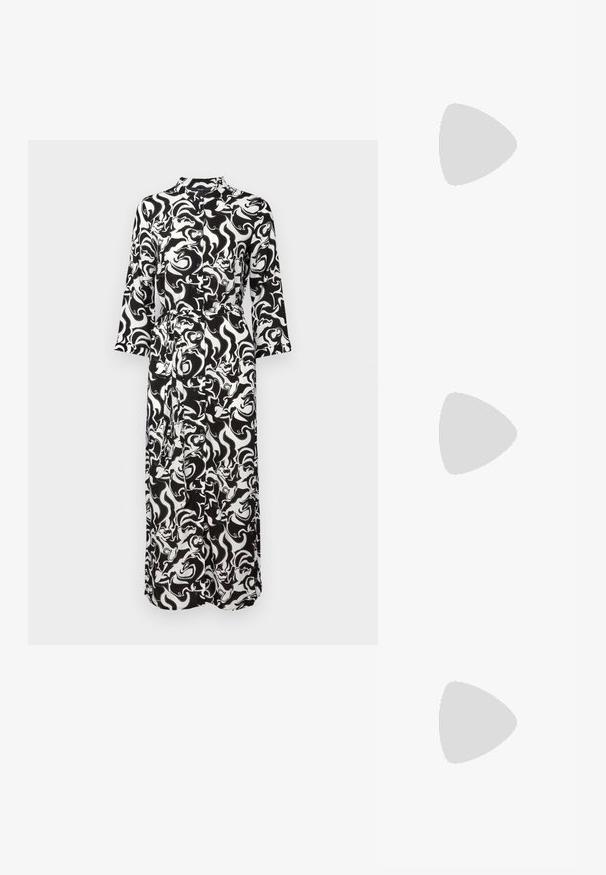 Ilgą, juodai baltą suknelę, kuri išsiskiria abstrakčiu suktiniu raštu, apvaliu apykakle ir trijų ketvirčių rankovėmis. Medžiaga atrodo glotni ir lengva.; Aukso metalinis kulnas sandalai su kampiniu bloku, dviem dirželiais virš pėdos ir reguliuojamu kulkšnies dirželiu. Lygus paviršius.; Juodas odinis krepšys su išlenkta forma, nuimamu dirželiu ir auksiniais detalėmis. Krepšys turi kilpą su sagtimi.; Aukso tono metalinės auskarai su stilingu, kreiviu dizainu. Išsiskiria ryškiu smailiu pavidalu, poliruota paviršiumi ir užsegimu su vyriu.