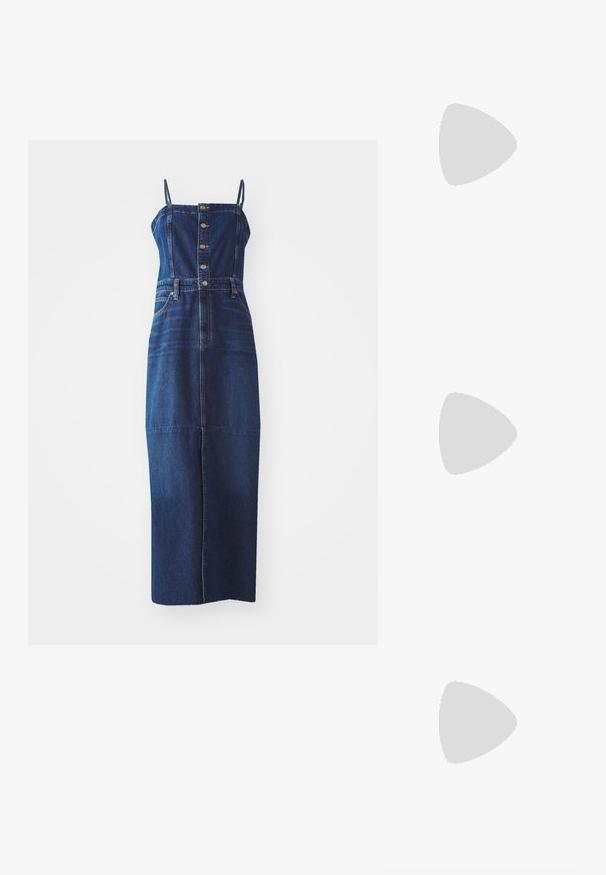 Robe en denim avec un corsage ajusté et une jupe évasée. Dotée de bretelles réglables, d'une fermeture à boutons et de poches avant. Couleur bleu foncé.; ALDO COTEAZUR - Mules à talons - navy; Lunettes de soleil rondes avec verres verts, monture en métal doré et embouts de branches en motif écaille de tortue. Dispose de plaquettes de nez pour le confort.; Pieces PCRENEE EARRINGS 2 PACK - Boucles d'oreilles - gold-coloured/silver-coloured