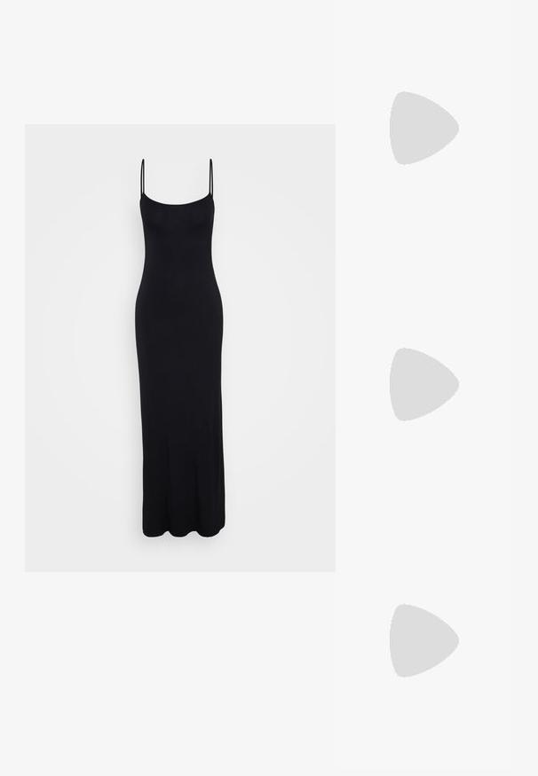 Black spaghetti strap maxi dress, made of soft fabric. Features a fitted bodice and a flowing skirt, with a smooth and stretchy texture.; Black patent leather slingback shoes with a pointed toe, silver hardware detail, and a low block heel. Smooth, shiny texture throughout.; Black leather crossbody bag featuring a smooth texture, rectangular shape, and a metallic chain detail on the front. Adjustable strap included.; Silver drop earrings with a square stud, featuring a smooth, polished finish and a teardrop shape, reflecting light with a glossy surface.