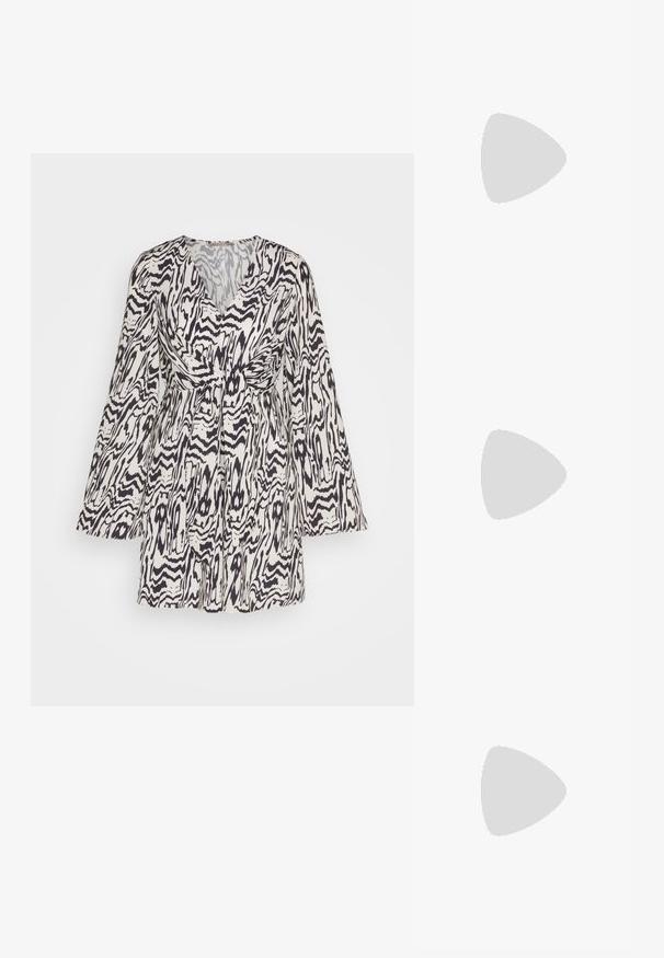 Kukallinen mekko valkoisena ja mustana, jossa on pitkät kellot sekä tiivistetty vyötärö, V-mallinen kaula-aukko ja valuva hame teksturoidusta kankaasta.; Valkoinen slingback-korkokenkä, jossa on terävä kärki, sileä päällismateriaali, matala lohkokorko ja sivuaukko-design säädettävällä soljella.; Pyöreät aurinkolasit, joissa on tummat linssit ja kultaiset kehykset. Mallilla on päällään vaaleansininen, ribatusta materiaalista valmistettu neuletakki, jossa on napit ja kontrastiväriset valkoiset hihat.; Michael Kors kääröbeige pinnoitettua kangasta, jossa on toistuva MK-logo -kuvio, kultaiset yksityiskohdat ja irrotettava ketjuhihna.