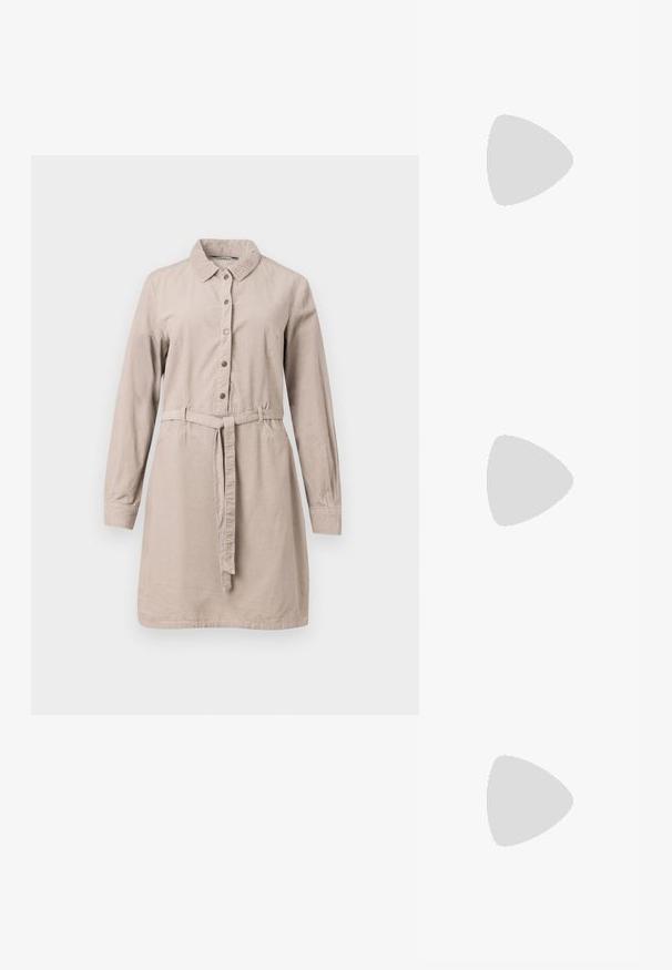 Beige, long-sleeve shirt dress made of soft fabric, featuring a button front, a belt at the waist, and a collar.; White cotton t-shirt featuring a large, bright red lobster graphic on the front. Short sleeves and standard crew neck design.; White high-top canvas sneaker with black rubber sole, front rubber toe cap, and six eyelets for laces, featuring a clean, minimalist design.; Red leather handbag with an angular, geometric design. Features a single adjustable strap and a flap closure with stitched detailing.