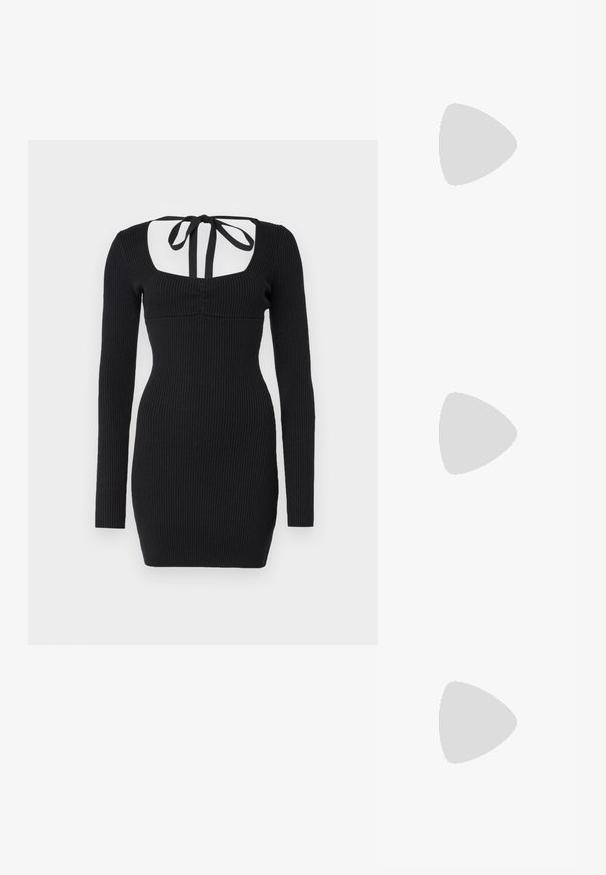 Musta ribbed pitkähiha dressi, jossa on neliönmallinen pääntie ja solmittava yksityiskohta takana. Käärmeittävä siluetti ja teksturoitu kangas korostavat sen rakennetta.; Ruske nahkasaappaat, joissa on terävä kärki ja laatikkokorko, varustettu yksityiskohtaisella ompelulla ja kohotetuilla yksityiskohdilla varsiosassa.; Musta nahkainen kynäpenkkilaukku, jossa on läppä ja kultainen metallinen solkiyksityiskohta. Mukana musta hihna ja tyylikäs, minimalistinen muotoilu.; Hope hopea, joissa on kierren muotoilu, kiiltävä pinta ja takana kiinnitettävä suljin. Halkaisija noin 3 cm.