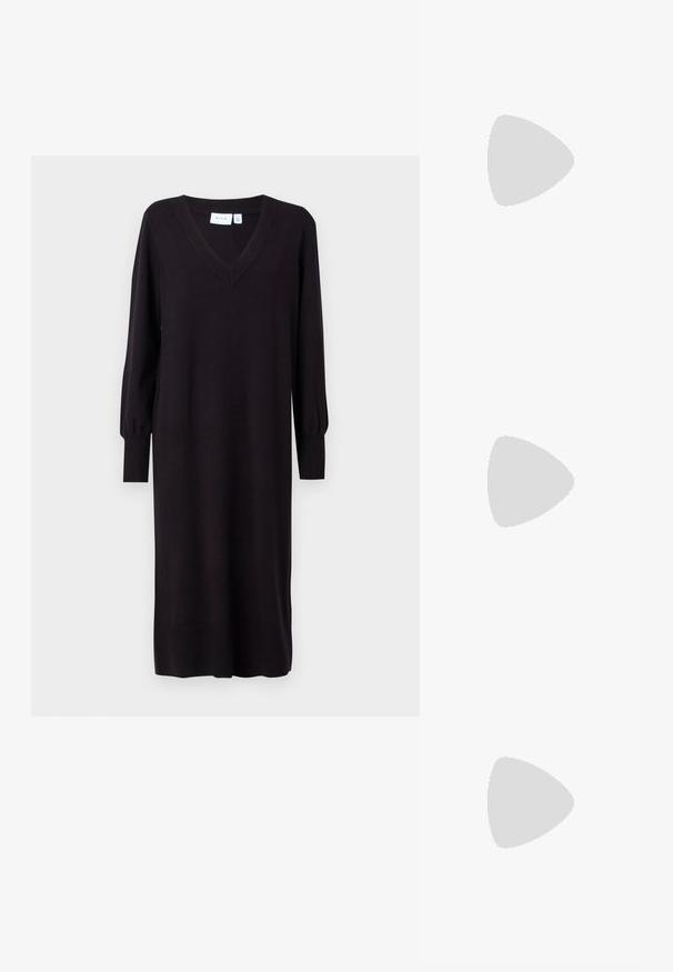 Melnā adīta kleita ar garām piedurknēm, V veida kakla izgriezumu un ribotām aprocēm. Tiešs piegriezums bez redzamām apdrukām vai akcentiem. Mīksta tekstūra.; Brūni ādas kovboju zābaki ar norādītu purngalu un blokveida papēdi, ar detalizētu šūšanu un paceltiem akcentiem uz kājas daļas.; Melnas ādas saķeres soma ar atloku un zelta metāla sprādzi. Ietver melnu siksnu un elegantu, minimālistisku dizainu.; Zelta krāsas auskari gredzena formā, plāni un apaļi, ar gludu metāla apdari un bez rotājumiem vai zīmējumiem.