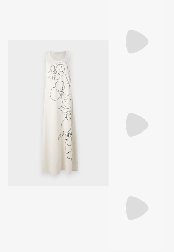 Marimekko HELMI BALUNS - Sarafanas - white/dark grey; Juodas smailus slingback batelis su žemu kulnu, pagamintas iš lygaus odos paviršiaus ir su išpjovomis šone, užtikrinančiomis oro pralaidumą.; Juodas odinis rankinės maišas su struktūrizuotu dizainu, dviem viršutinėmis rankenomis, auksinės spalvos sagtimi ir iškilniu prekės ženklu priekyje.; Auksinės tonacijos auskarai su mėnulio forma, lygus paviršius ir sklendės uždarymas. Lygus tekstūra ir atspindintis finis padidina matomumą.