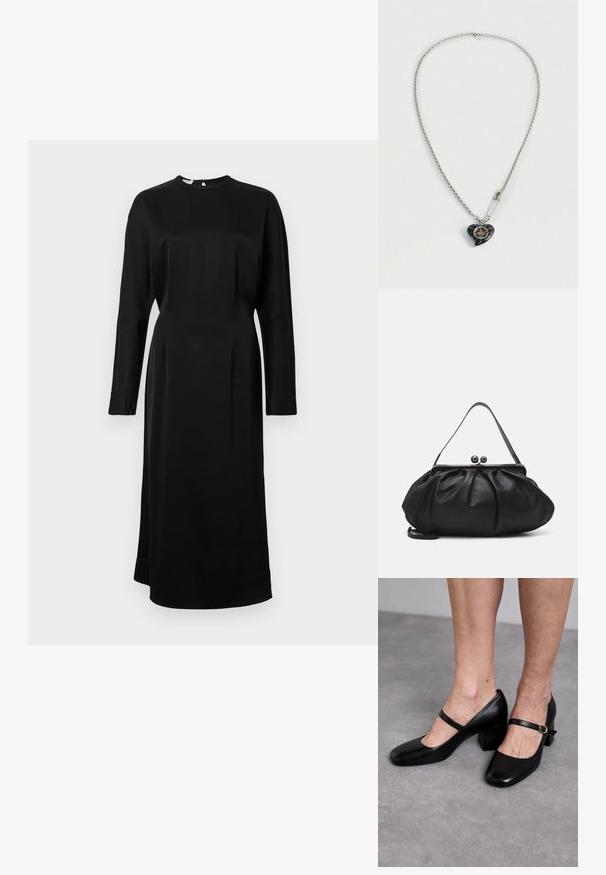 Fekete, hosszú ujjú ruha kerek nyakkivágással, sima anyagból készült, egyenes szabással és diszkrét varrás részletekkel.; Stuart Weitzman Klasszikus sarkú cipők - black; Fekete bőr kézitáska lekerekített, pliszírozott dizájnnal. Fémes zárja két dekoratív golyóval és egy vékony, lecsatolható pánttal rendelkezik.; Ezüst lánc nyaklánc, szív alakú fekete medállal, arany részletekkel, a medál közelében egy fényes biztonsági tűvel.