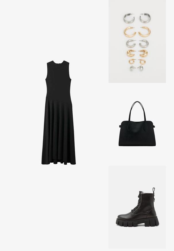 Černé maxi šaty bez rukávů s přiléhavým vrškem a rozšířenou sukní, které mají hladkou texturu a minimalistický design, bez viditelných zapínání.; Černé kožené kotníkové boty s robustní gumovou podrážkou, kulatou špičkou, šněrováním vpředu a poutkem na zadní straně pro snadné obouvání.; Černá kožená kabelka s dvojitými ramenními popruhy, obdélníkový tvar a minimalistický design na bílém pozadí.; Sada osmi kovových náušnic ve stříbrných a zlatých odstínech. Obsahuje různé styly kroužků, textury a povrchové úpravy, uspořádané podle velikosti.