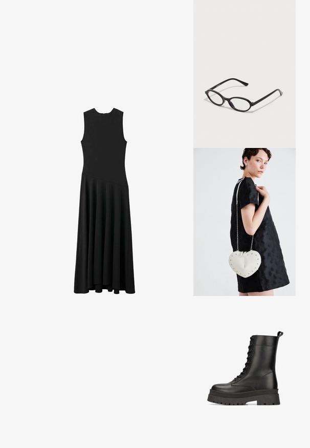 Zwarte mouwloze maxi-jurk met een aansluitend lijfje en een uitlopende rok, met een gladde textuur en een minimalistisch ontwerp, zonder zichtbare sluitingen.; Zwarte leren enkellaarsjes met een chunky plateauzool, vetersluiting en een lus aan de hiel. Matte afwerking met gestructureerde patronen.; Zwarte ovale brillen met doorschijnende paarse accenten op de lenzen. De monturen hebben een matte afwerking en slanke, rechte veren.; Hartvormige witte tas met zilveren studs, gladde textuur en kettinghengsel. Draagt over een zwarte, gestructureerde jurk, waarmee het unieke ontwerp wordt getoond.