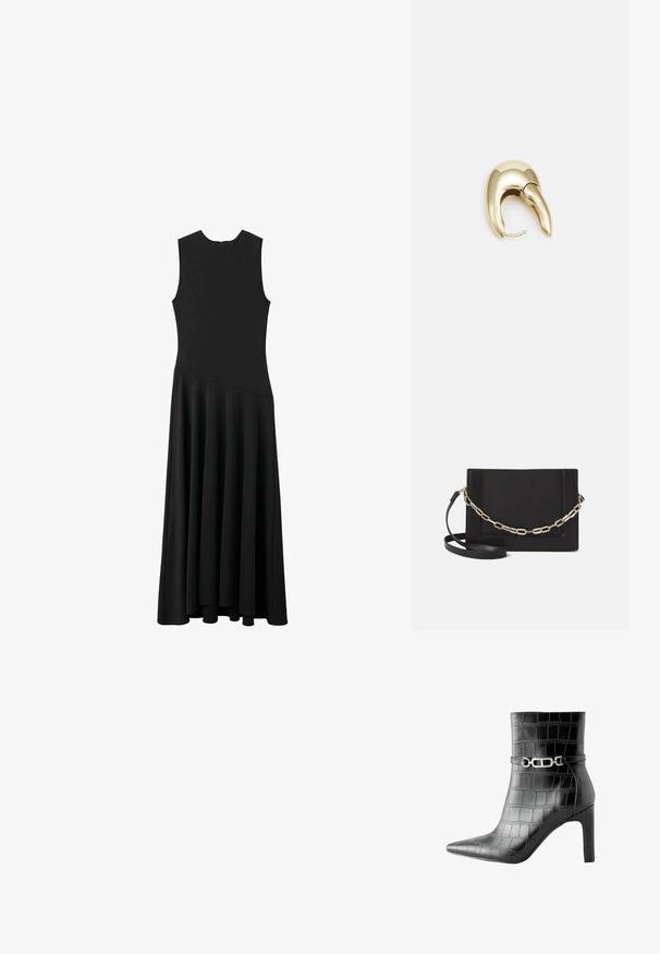 Zwarte mouwloze maxi-jurk met een aansluitend lijfje en een uitlopende rok, met een gladde textuur en een minimalistisch ontwerp, zonder zichtbare sluitingen.; Zwarte neplederen enkelboot in krokodillenhuidlook met spitse neus, hoge hak en zilveren kettingaccent rond de enkel. Glad oppervlak en slank ontwerp.; Zwarte leren schoudertas met een gladde textuur, rechthoekige vorm en een metallic kettingdetail aan de voorkant. Verstelbare schouderband inbegrepen.; Gouden metalen oorbel met een slank, gebogen ontwerp. Beschikt over een kenmerkende puntige vorm, gepolijste oppervlakte en scharnier sluiting.
