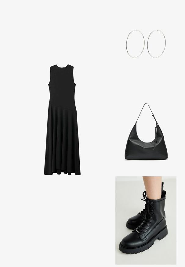 Musta hihaton maxi-mekko, jossa on tiukka yläosa ja levenevä helma. Mekossa on sileä pinta ja minimalistinen muotoilu ilman näkyviä kiinnityksiä.; Mustat nauhalla varustetut nilkkasaappaat, jotka on valmistettu sileästä nahasta. Paksu kumipohja, jossa on syvät urat. Sisältää silmukan kantapäässä helppoa pukemista varten.; Musta nahkainen olkalaukku, jossa on kaareva muoto, sileä pinta ja pitkä säädettävä hihna. Sisältää hienovaraisen solmupainatuksen ja minimalistisen muotoilun.; Hope hopeita hopeita, joissa on sileä, pyöreä muoto ja kiiltävä pinta. Ne ovat ohuita ja kevyitä, ja niissä on yksinkertainen lukitus.