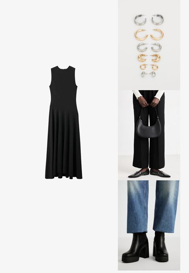 Black sleeveless maxi dress with a fitted bodice and flared skirt, featuring a smooth texture and minimalistic design, no visible fastenings.; ALDO CHEVIEL - High heeled ankle boots - black; Black leather shoulder bag with a rounded shape, glossy finish, and silver hardware. Person wearing black wide-leg pants and studded loafers.; Set of eight metal earrings in silver and gold tones. Includes various hoop styles, textures, and finishes, arranged by size.