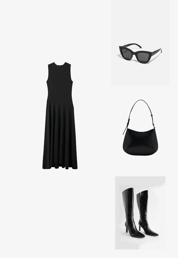 Abito maxi senza maniche nero con busto aderente e gonna svasata, caratterizzato da una texture liscia e un design minimalista, senza chiusure visibili.; Stivali neri in faux leather alti fino al ginocchio, con texture a coccodrillo, punte appuntite e tacco alto sottile; dotati di chiusura con zip laterale.; Occhiali da sole neri a forma di occhio di gatto con finitura opaca, dotati di lenti grigie, angoli acuti e stanghette slanciate. Nome del marchio visibile all'interno della stanghetta.; Borsa a spalla in pelle nera con una texture liscia, forma curva e manico regolabile. Presenta una cucitura minimale e un design semplice.; Anelli in resina trasparente e ambra, uno liscio e trasparente, l'altro con una finitura testurizzata in ambra. Entrambi presentano un design rotondo e corposo.