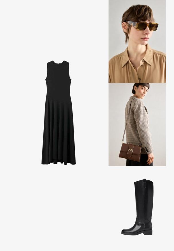Čierne bezrukávové maxi šaty s priliehavým živôtikom a rozšírenou sukňou, s hladkou textúrou a minimalistickým dizajnom, bez viditeľného zapínania.; Čierne čižmy po kolená vyrobené z hladkého syntetického materiálu. Majú zaoblenú špičku, nízky blokový podpätok a vertikálne švy.; Hnedé mačkovité slnečné okuliare s veľkými obdĺžnikovými šošovkami a hrubými stranami, s jemným brandingom na jednom ramene. Hladký, lesklý povrch.; Hnedá kožená taška cez telo s zlatou kovovou sponou, obdĺžnikový tvar, hladká textúra a odnímateľný popruh.