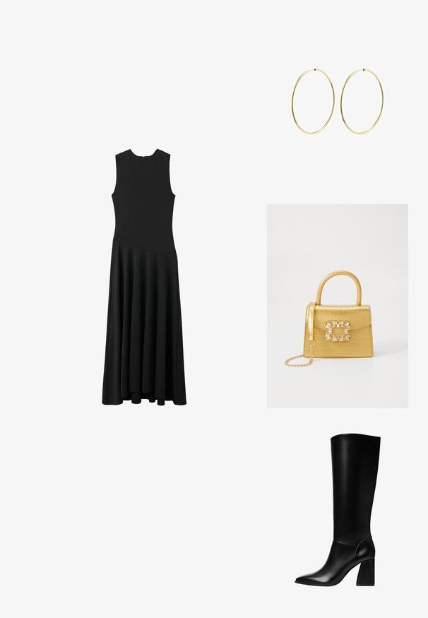 Sort ærmeløs maxikjole med tætsiddende bærestykke og udvidet nederdel, der har en glat tekstur og minimalistisk design, uden synlige lukninger.; Stradivarius Højhælede støvler - black; Gul faux-krokodille skuldertaske med struktureret design, top-håndtag, aftagelig kædetraske og dekorativ krystaldekoration på låsen.; Guldøreringe med et glat, rundet design. Tynde og lette, med en kontinuert løkke uden udsmykninger.
