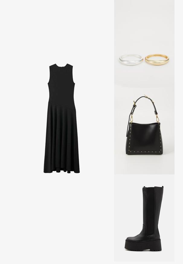 Vestido maxi negro sin mangas con un cuerpo ajustado y falda acampanada, que presenta una textura suave y un diseño minimalista, sin cierres visibles.; Bota negra hasta la rodilla con un cuerpo de cuero suave, paneles laterales elásticos y una suela de plataforma gruesa con un fondo texturizado.; Bolso de piel negro con una forma estructurada, que presenta tachuelas doradas a lo largo de los bordes y una correa desmontable con detalles en dorado.; Zign 2 PACK - Pulsera - gold-coloured/silver-coloured