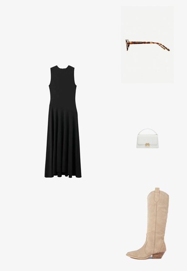 Schwarzes ärmelloses Maxikleid mit enger Passform im Oberteil und schwingendem Rock, ausgestattet mit einer glatten Textur und minimalistischem Design, ohne sichtbare Verschlüsse.; Beige Wildledercowboystiefel mit spitzer Zehe, dekorativem Stich und einem gestapelten Holzabsatz. Höhe erreicht die Mitte der Wade.; Schildpatt-Sonnenbrille mit dickem Rahmen, leicht gebogenen Bügeln und glatter Textur. Sie präsentiert ein klassisches Design mit glänzender Oberfläche.; Weiße Lederhandtasche mit strukturiertem Design, ausgestattet mit einem oberen Griff und einem goldfarbenen Verschluss. Glatte Textur und minimalistische Akzente.