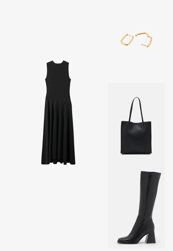 Abito maxi senza maniche nero con busto aderente e gonna svasata, caratterizzato da una texture liscia e un design minimalista, senza chiusure visibili.; Stivale in pelle nero al ginocchio con punta quadrata, texture liscia, design affusolato e tacco a blocco spesso. Presenta dettagli di cucitura.; Borsa tote in pelle nera con texture liscia, forma rettangolare e due manici lunghi. Nessun hardware o decorazione visibile.; Orecchini a cerchio in metallo dorato con una forma rettangolare aperta. Superficie liscia e curve sottili per un design moderno.