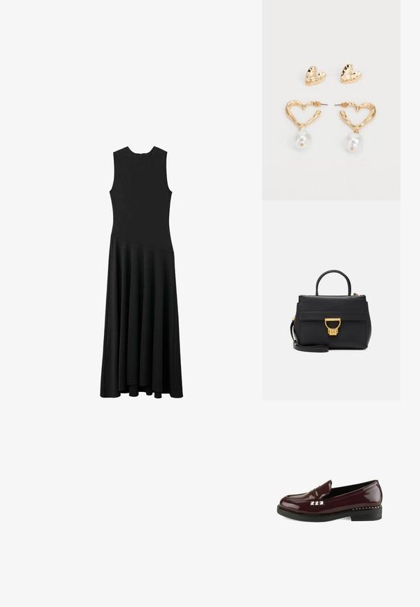 Zwarte mouwloze maxi-jurk met een aansluitend lijfje en een uitlopende rok, met een gladde textuur en een minimalistisch ontwerp, zonder zichtbare sluitingen.; Desa Instappers - bordeaux; Zwarte leren handtas met gouden hardware, gestructureerd ontwerp, bovenhandvat, afneembare schouderband en een voorflap met klittenbandsluiting.; Goudkleurige, hartvormige oorbellen met een gestructureerde afwerking, voorzien van een hangende parelaccent. Inclusief bijpassende hartvormige studs.