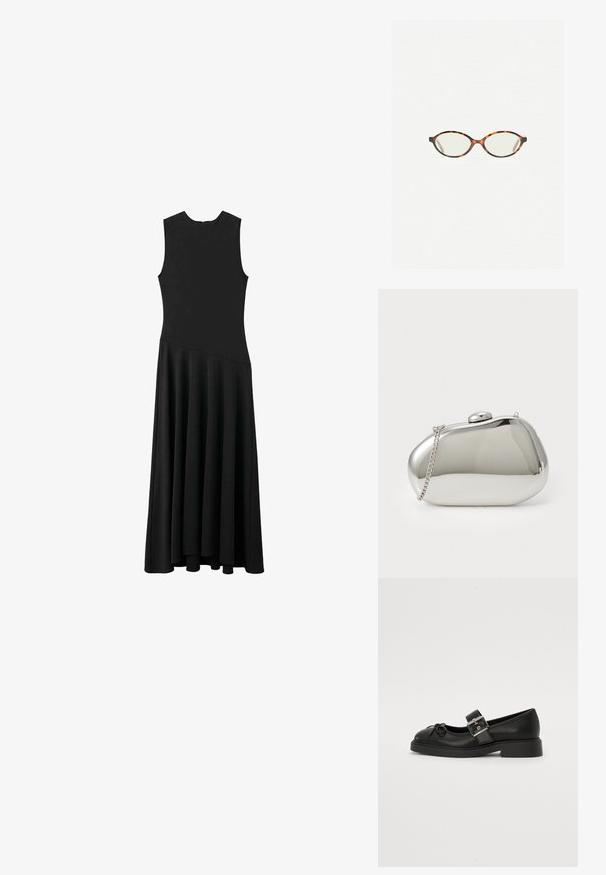 Čierne bezrukávové maxi šaty s priliehavým živôtikom a rozšírenou sukňou, s hladkou textúrou a minimalistickým dizajnom, bez viditeľného zapínania.; Čierne kožené topánky Mary Jane s okrúhlou špičkou, členkovým remienkom a strieborným prackom. Majú plochú, širokú podrážku a dekoráciu v podobe mašle.; Korytnačkové okuliare s oválnymi šošovkami a hladkým, lesklým povrchom. Majú tenké strany s jemným zakrivením na spánkoch. Priehľadné šošovky.; Strieborná metalická kabelka s zaobleným, hladkým tvarom. Obsahuje uzáver a odnímateľný reťazový popruh. Reflexný povrch bez vzorov.