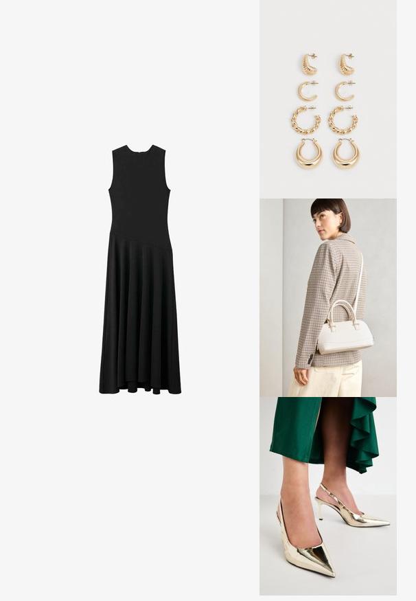 Črna brezrokavna maksi obleka s telesno oblikovanim korzetom in razširjeno krilo, ki ima gladko teksturo in minimalističen dizajn, brez vidnih zapiranj.; Simmi London LAYLIN - Klasične pete - gold mirror; Bela strukturirana torba z kratkimi ročaji in naramnim trakom, z zlatimi okrasnimi elementi in teksturiranim materialom, prikazana na sivi podlagi.; Set petih zlatih uhans, ki vključuje različne modele: zvite, žlebaste in gladke površine v obliki obroča in polmeseca.