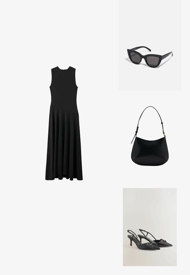 Abito maxi senza maniche nero con busto aderente e gonna svasata, caratterizzato da una texture liscia e un design minimalista, senza chiusure visibili.; Tacchi slingback in raso nero con punte affusolate, piccoli fiocchi sul vamp e tacchi sottili. Presentano cinturini regolabili alla caviglia.; Occhiali da sole neri a forma di occhio di gatto con finitura opaca, dotati di lenti grigie, angoli acuti e stanghette slanciate. Nome del marchio visibile all'interno della stanghetta.; Borsa a spalla in pelle nera con una texture liscia, forma curva e manico regolabile. Presenta una cucitura minimale e un design semplice.