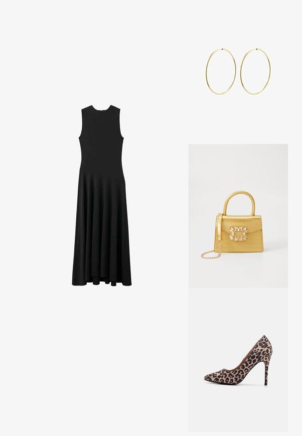 Black sleeveless maxi dress with a fitted bodice and flared skirt, featuring a smooth texture and minimalistic design, no visible fastenings.; Leopard print high-heeled shoe with pointed toe, textured fabric, 10 cm stiletto heel, and smooth interior lining.; Yellow faux-crocodile handbag with a structured design, top handle, detachable chain strap, and decorative crystal embellishment on the clasp.; Gold hoop earrings with a smooth, rounded design. Thin and lightweight, featuring a continuous loop without any embellishments.