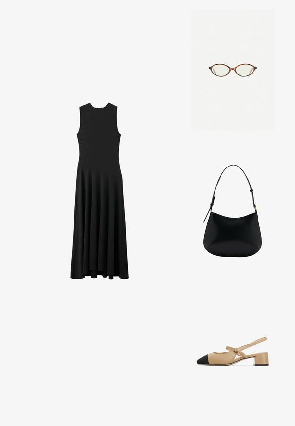 Rochie maxi neagră fără mâneci, cu un corset ajustat și o fustă evazată, având o textură netedă și un design minimalist, fără închizători vizibile.; Pantofi slingback din piele bej, cu vârful ascuțit negru, curea cu cataramă și toc mic, bloc, cu un accent argintiu la bază.; Ochelari cu ramă din tartan, cu lentile ovale și un finisaj elegant, neted. Prezintă margini subțiri cu o curbură subtilă la tâmple. Lentile clare.; Geantă de umăr din piele neagră, cu o textură netedă, formă curbată și mânere ajustabile. Prezintă cusături minime și un design simplu.