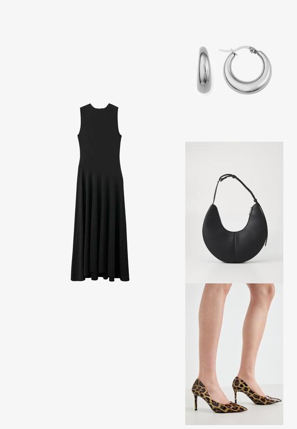 Vestido maxi negro sin mangas con un cuerpo ajustado y falda acampanada, que presenta una textura suave y un diseño minimalista, sin cierres visibles.; Zapatos de tacón altos con estampado de leopardo, fabricados en material brillante, con puntera afilada y tacón de aguja, que muestran un patrón animal texturizado.; Bolso de mano de cuero negro en forma de media luna con una textura suave, una única correa ajustable y un cierre de cremallera en el lateral.; Pendientes de aro de plata con un diseño suave y redondeado y una textura brillante. Presentan un cierre de bisagra y una forma sustancial y audaz.