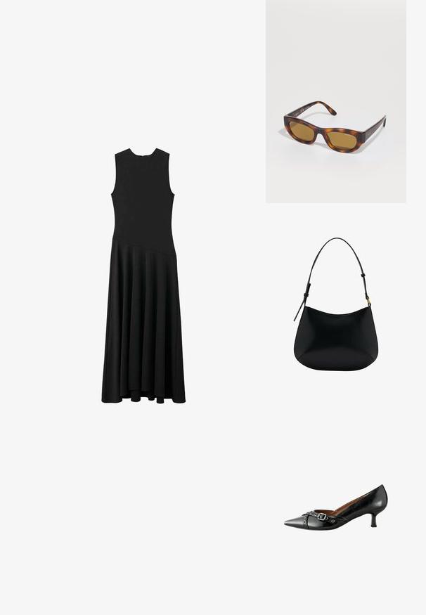 Sort ærmeløs maxikjole med tætsiddende bærestykke og udvidet nederdel, der har en glat tekstur og minimalistisk design, uden synlige lukninger.; Sorte læderpumps med spids tå, buet hæl og dekorativ spænde. Har en glat overflade og en kontrasterende rem med metalliske detaljer.; Skildpaddesolbriller med brune polariserede linser. Firkantet form med glat overflade. Graveret "vogue" nær tempelområdet.; Sort læder skuldertaske med en glat tekstur, buet form og justerbar hank. Har minimal syning og et enkelt design.