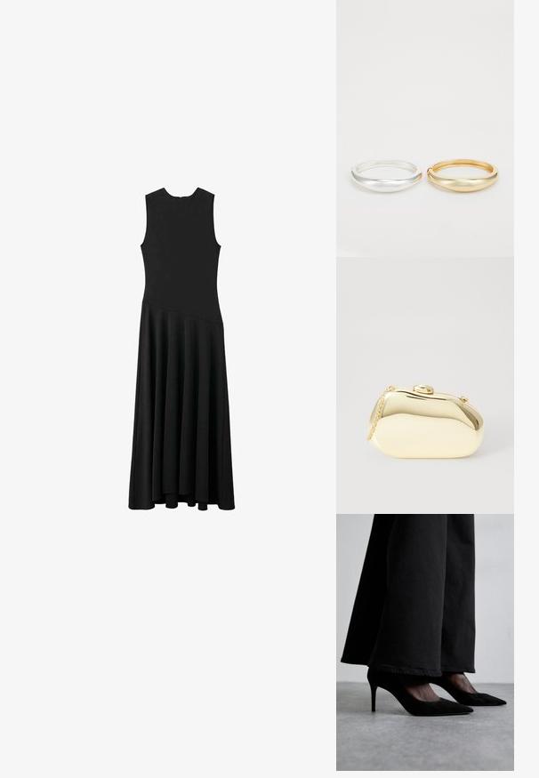 Schwarzes ärmelloses Maxikleid mit enger Passform im Oberteil und schwingendem Rock, ausgestattet mit einer glatten Textur und minimalistischem Design, ohne sichtbare Verschlüsse.; Schwarze Wildleder-Highheels mit spitzen Zehen, getragen mit schwarzen weiten Hosen, weisen ein elegantes Design und einen subtilen Glanz auf.; Metallisch goldene Clutch mit einer glatten, abgerundeten Form, ausgestattet mit einem oberen Druckknopfverschluss und einem kleinen Kettenriemen zum Tragen.; Zign 2 PACK - Armband - gold-coloured/silver-coloured
