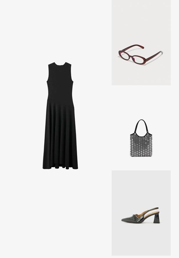 Black sleeveless maxi dress with a fitted bodice and flared skirt, featuring a smooth texture and minimalistic design, no visible fastenings.; Black patent leather slingback shoe with a pointed toe, triangular heel, and decorative strap with silver accents. Smooth texture.; Oval-shaped red sunglasses with clear lenses and sleek brown frames. The design features subtle curves and minimal hardware.; Black and white tote bag with a rounded top, featuring a bubble pattern, made of smooth material, and equipped with two sturdy fabric handles.