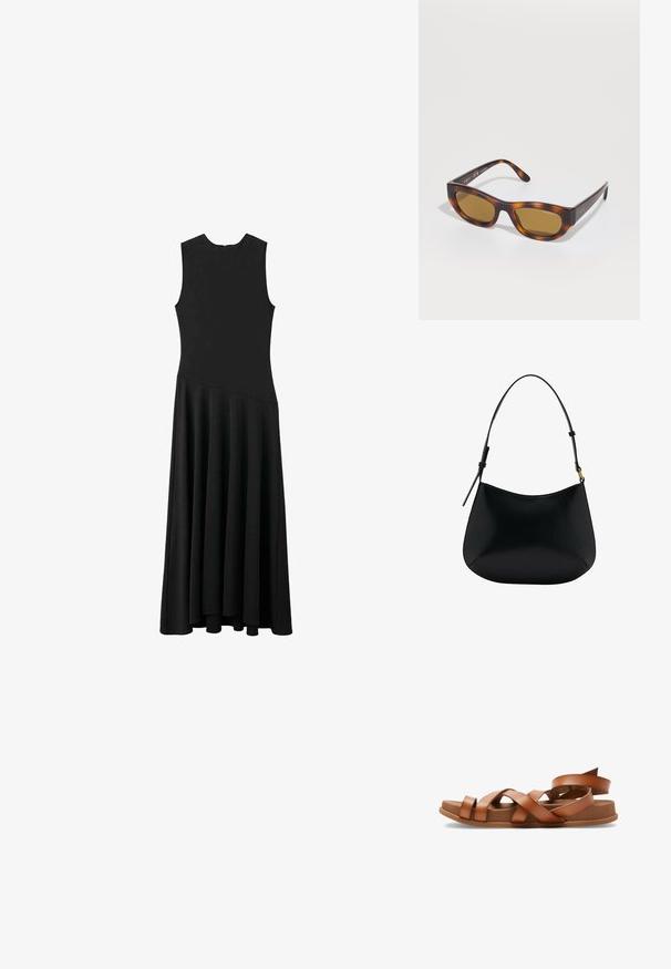 Black sleeveless maxi dress with a fitted bodice and flared skirt, featuring a smooth texture and minimalistic design, no visible fastenings.; Brown leather sandals with crisscross straps, flat soles, and slightly raised heel. Soft texture and minimalistic design.; Tortoiseshell sunglasses with brown polarized lenses. Rectangular shape with smooth finish. Engraved "vogue" near the temple.; Black leather shoulder bag with a smooth texture, curved shape, and adjustable handle. Features minimal stitching and a simple design.