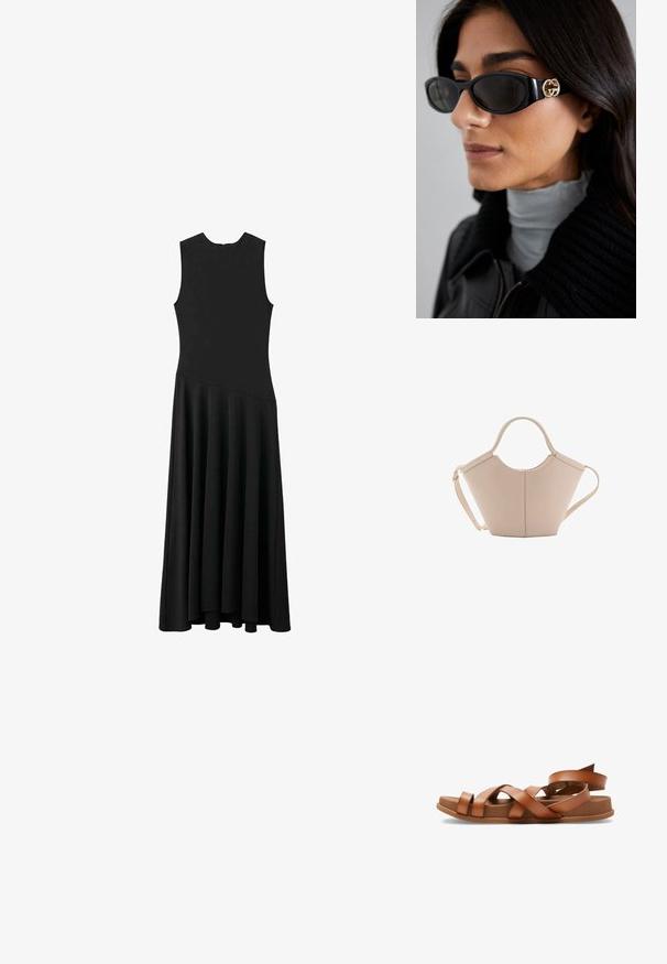 Sort ærmeløs maxikjole med tætsiddende bærestykke og udvidet nederdel, der har en glat tekstur og minimalistisk design, uden synlige lukninger.; Brune lædersandaler med krydsede stropper, flade såler og let hævet hæl. Blød tekstur og minimalistisk design.; Sorte solbriller med en strømlinet rektangulær ramme og en guld logoaccent på siden. Mørke linser og blank overflade er fremtrædende.; Lysebrun læderhåndtaske med en unik form, featuring to korte håndtag og et langt justerbart rem. Glat tekstur med minimal hardware.
