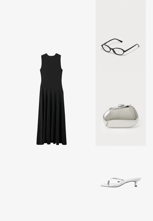 Abito maxi senza maniche nero con busto aderente e gonna svasata, caratterizzato da una texture liscia e un design minimalista, senza chiusure visibili.; Next SIGNATURE TOE POST REGULAR FIT - Infradito - silver; Occhiali con montatura ovale nera e accenti viola traslucidi sulle lenti. La montatura ha una finitura opaca e delle astine sottili e diritte.; Borsa a tracolla in metallo argentato con forma arrotondata e liscia. Presenta una chiusura a gancio e una tracolla removibile. Superficie riflettente senza motivi.
