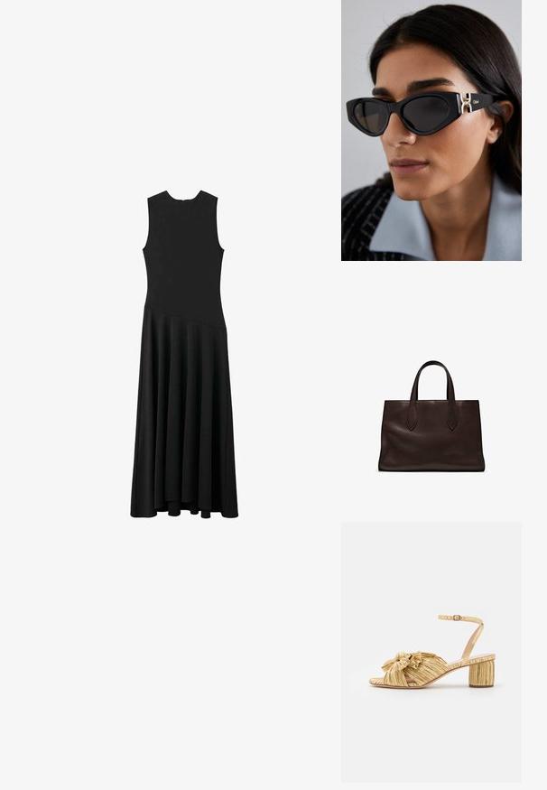 Czarna, bezrękawnikowa sukienka maxi z dopasowaną górą i rozkloszowanym dołem, charakteryzująca się gładką teksturą i minimalistycznym designem, bez widocznych zapięć.; Złote sandały na obcasie z teksturowanym, plisowanym wzorem i wyraźnym detalem w postaci kokardy. Pasek na kostkę z regulowanym zapięciem, średni blokowy obcas.; Czarne okulary cat-eye z ciemnymi soczewkami i złotymi akcentami na zausznikach. Charakteryzują się gładką plastikową ramką oraz ostrym, kątowym kształtem.; Brązowa skórzana torba tote z dwoma wydłużonymi uchwytami, usztywnionym prostokątnym kształtem, gładką teksturą i subtelnymi detalami przeszycia.