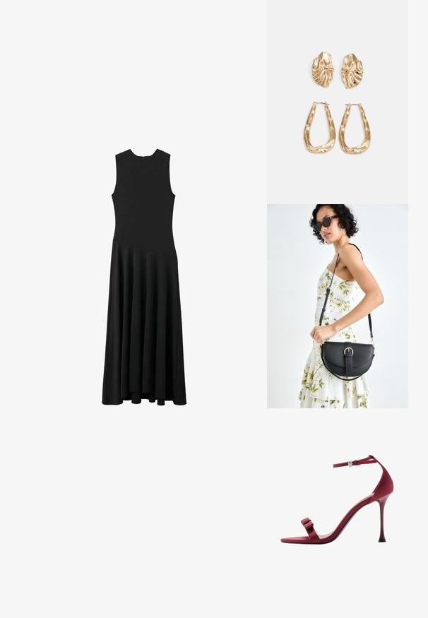 Černé maxi šaty bez rukávů s přiléhavým vrškem a rozšířenou sukní, které mají hladkou texturu a minimalistický design, bez viditelných zapínání.; Červené saténové sandály na vysokém podpatku s kotníkovým páskem, tenkým podpatek, čtveratou špičkou a dekorativní mašlí na předním pásku. Černý detail podrážky.; Černá kožená kabelka s křivkovým tvarem, odnímatelným popruhem a zlatými detaily. Kabelka má klopu s přezkou.; Náušnice ve zlatém tónu s texturovanými, vlnitými tvary. Obsahují sochařské klipy a design otevřeného kruhu s kladivkovým povrchem.