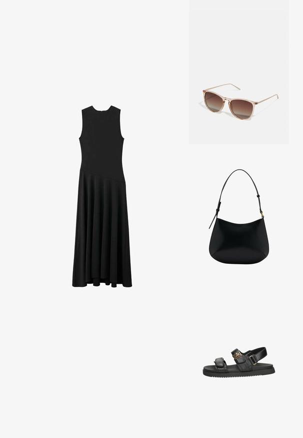 Black sleeveless maxi dress with a fitted bodice and flared skirt, featuring a smooth texture and minimalistic design, no visible fastenings.; Black leather sandal featuring two adjustable straps with gold hardware, a cushioned footbed, and a textured black rubber sole.; Brown gradient sunglasses with a translucent pink frame, square shape, and thin metal arms. Features rounded edges and minimal detailing.; Black leather shoulder bag with a smooth texture, curved shape, and adjustable handle. Features minimal stitching and a simple design.