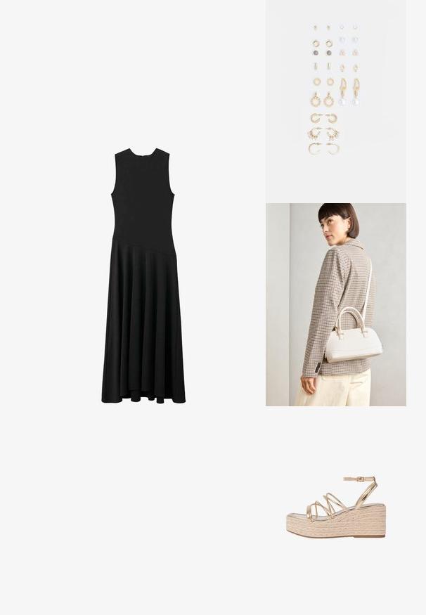 Abito maxi senza maniche nero con busto aderente e gonna svasata, caratterizzato da una texture liscia e un design minimalista, senza chiusure visibili.; Sandali wedge metallici oro con una piattaforma in juta intrecciata, caratterizzati da più cinturini sottili e una fibbia alla caviglia per un supporto maggiore.; Borsa a mano bianca strutturata con manici corti e tracolla, dotata di dettagli in metallo dorato e materiale testurizzato, esposta su uno sfondo grigio.; Set di orecchini in tonalità oro che presentano vari design, tra cui cerchi, orecchini a perno e pezzi pendenti con perle e strass.