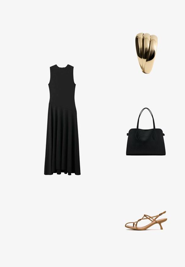 Robe maxi noire sans manches avec un corsage ajusté et une jupe évasée, arborant une texture lisse et un design minimaliste, sans fermetures visibles.; Sandale à talon fin et bout pointu de couleur beige. Fabriquée en caoutchouc avec une texture lisse. Présente des brides croisées et une boucle de cheville réglable.; Sac à main en cuir noir avec deux anses, de forme rectangulaire et au design minimaliste sur un fond blanc.; Mango Bracelet - gold-coloured