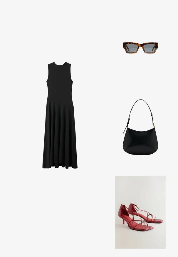 Černé maxi šaty bez rukávů s přiléhavým vrškem a rozšířenou sukní, které mají hladkou texturu a minimalistický design, bez viditelných zapínání.; Červené kožené sandály na vysokém podpatku se čtvercovými špičkami, několika tenkými pásky přes nohu a nastavitelným sponou na kotníku. Texturovaná stélka.; Sluneční brýle s želvovinovým vzorem, hranatými rámečky, šedými skly a hladkým povrchem. Vyznačují se odvážným geometrickým designem a silnými stranami.; Černá kožená taška přes rameno s hladkým povrchem, zakřiveným tvarem a nastavitelným uchem. Má minimální prošívání a jednoduchý design.